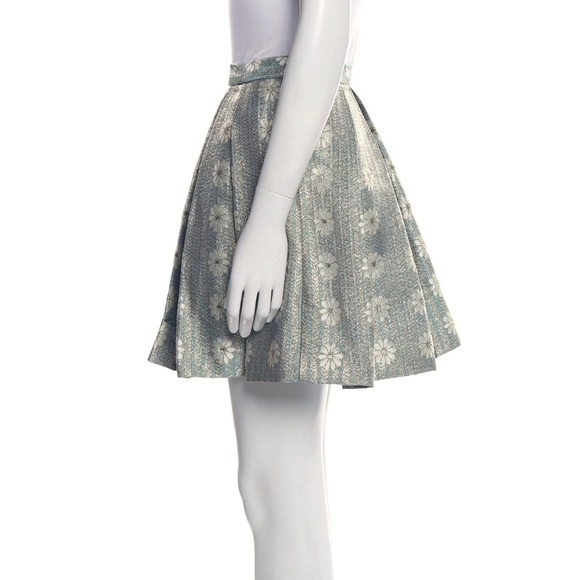 RED VALENTINO Daisy Lurex Jacquard Pleated Mini A-Line Skirt in Blue and Gold - Picture 7 of 11